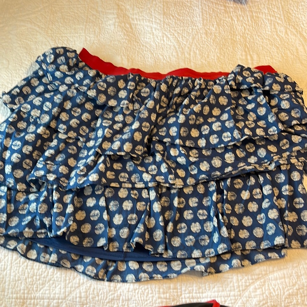 Blue skirt with White polka dots and red